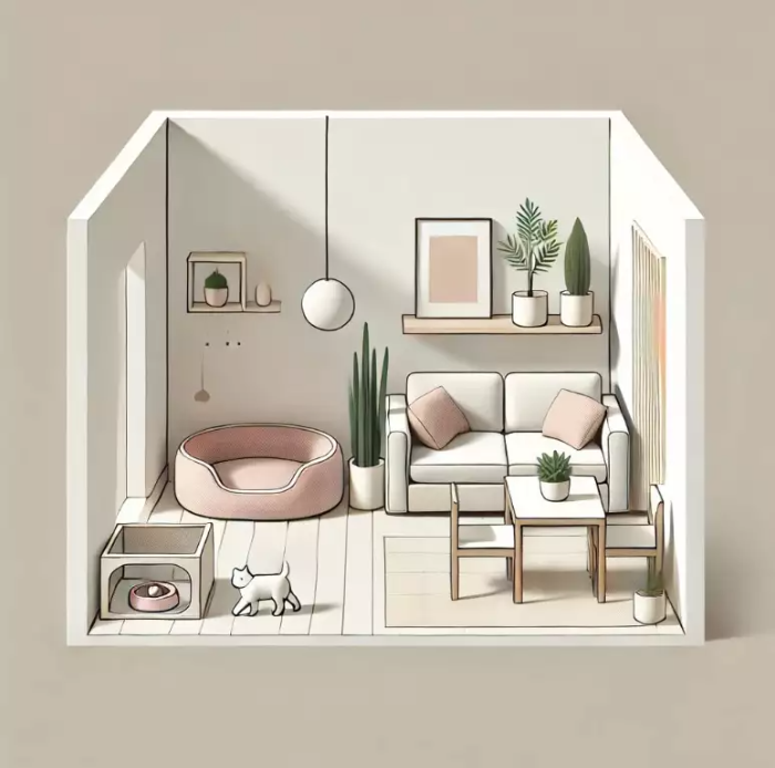 반려동물을 위한 아늑한 침대, 긁힘 방지 가구, 장난감이 있는 작은 놀이 공간, 손이 닿지 않는 안전한 위치에 배치된 실내 식물이 포함된 반려동물 친화적인 주거 공간의 간단한 삽화. 부드러운 파스텔 색상과 깔끔한 선으로 꾸며진 조화롭고 실용적인 환경