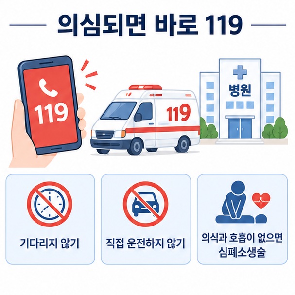 심근경색이 의심되면 기다리지 말고 119에 연락하고 의식과 정상 호흡이 없으면 심폐소생술이 필요하다는 내용을 정리한 이미지