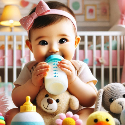 젖병을-입에-물고-있는-여자아기의-모습