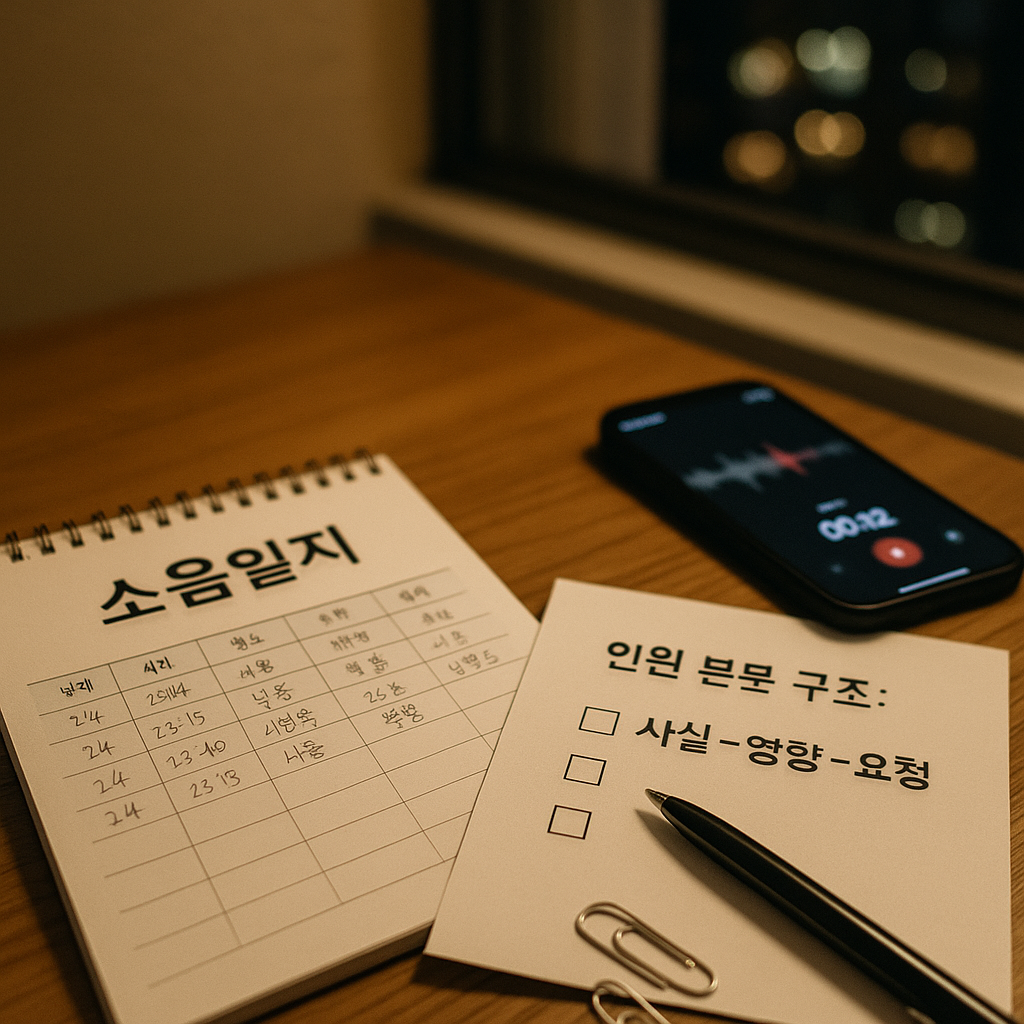 층간소음 소음일지와 민원 본문 구조 체크리스트, 녹음중인 스마트폰