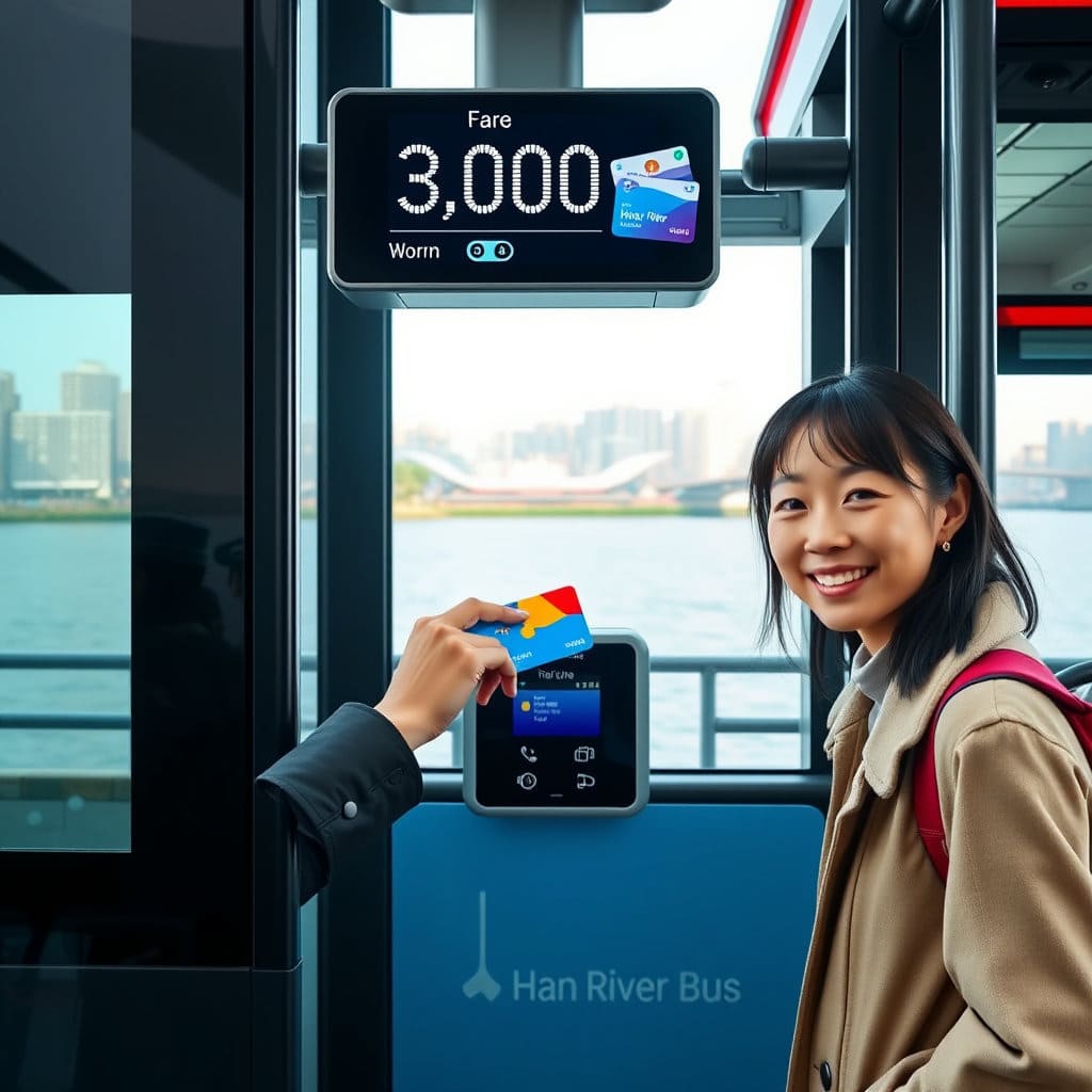 교통카드를 태그하여 한강버스에 탑승하는 모습 또는 요금 정보를 담은 이미지입니다.