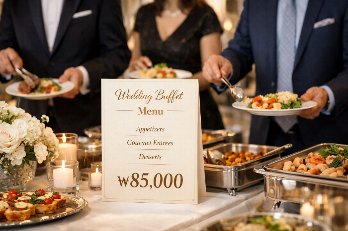 고물가 시대의 웨딩홀 식대 상승을 직관적으로 보여주는 뷔페 현장 이미지.
