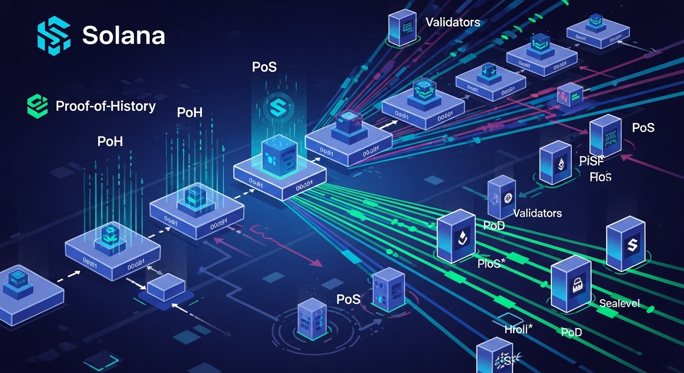 솔라나의 PoH, PoS 합의 알고리즘과 Sealevel 병렬 처리 기술을 형상화한 이미지. 빠르고 효율적인 블록체인 네트워크를 보여줌.