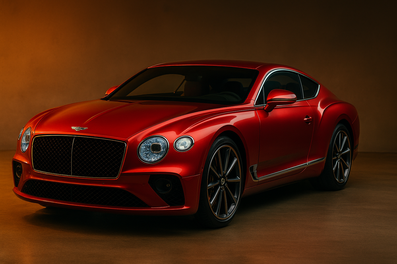화려한 빨간색 벤틀리 컨티넨탈 GT가 실내 조명 아래 고급스럽게 전시되어 있다.