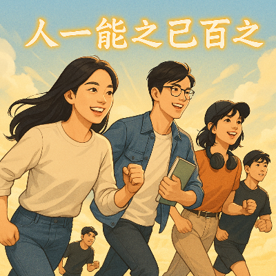 밝고 희망찬 배경 위로, '人一能之己百之' 문구와 함께 다양한 꿈을 향해 나아가는 MZ세대의 활기찬 모습