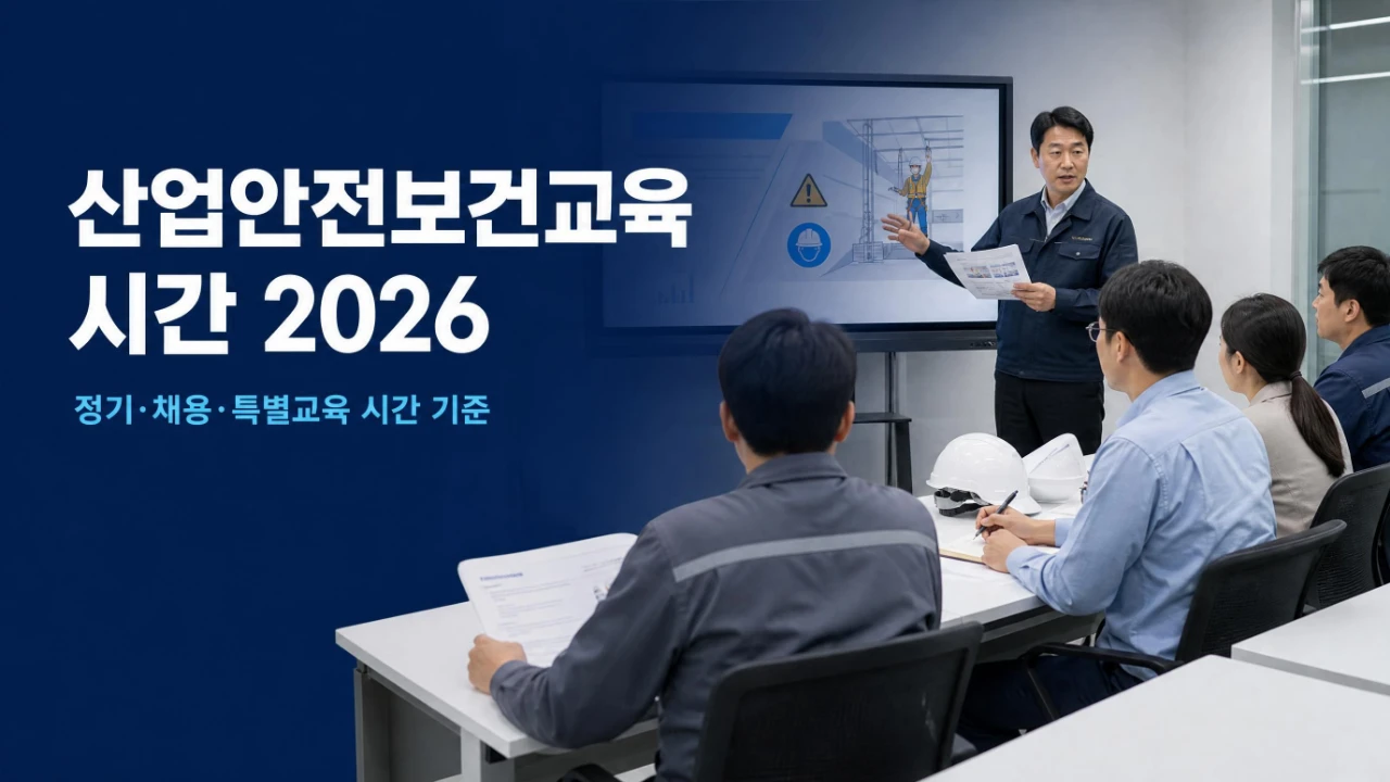 사업장 안전보건교육에서 사무직과 현장직 근로자의 법정 교육시간을 설명하는 장면