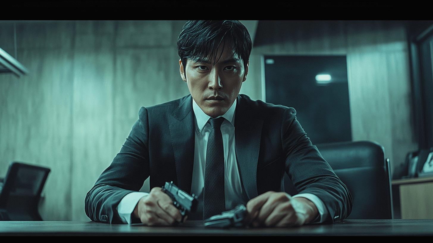 권총을-들고-책상-앞에-앉아-있는-회사원-이미지