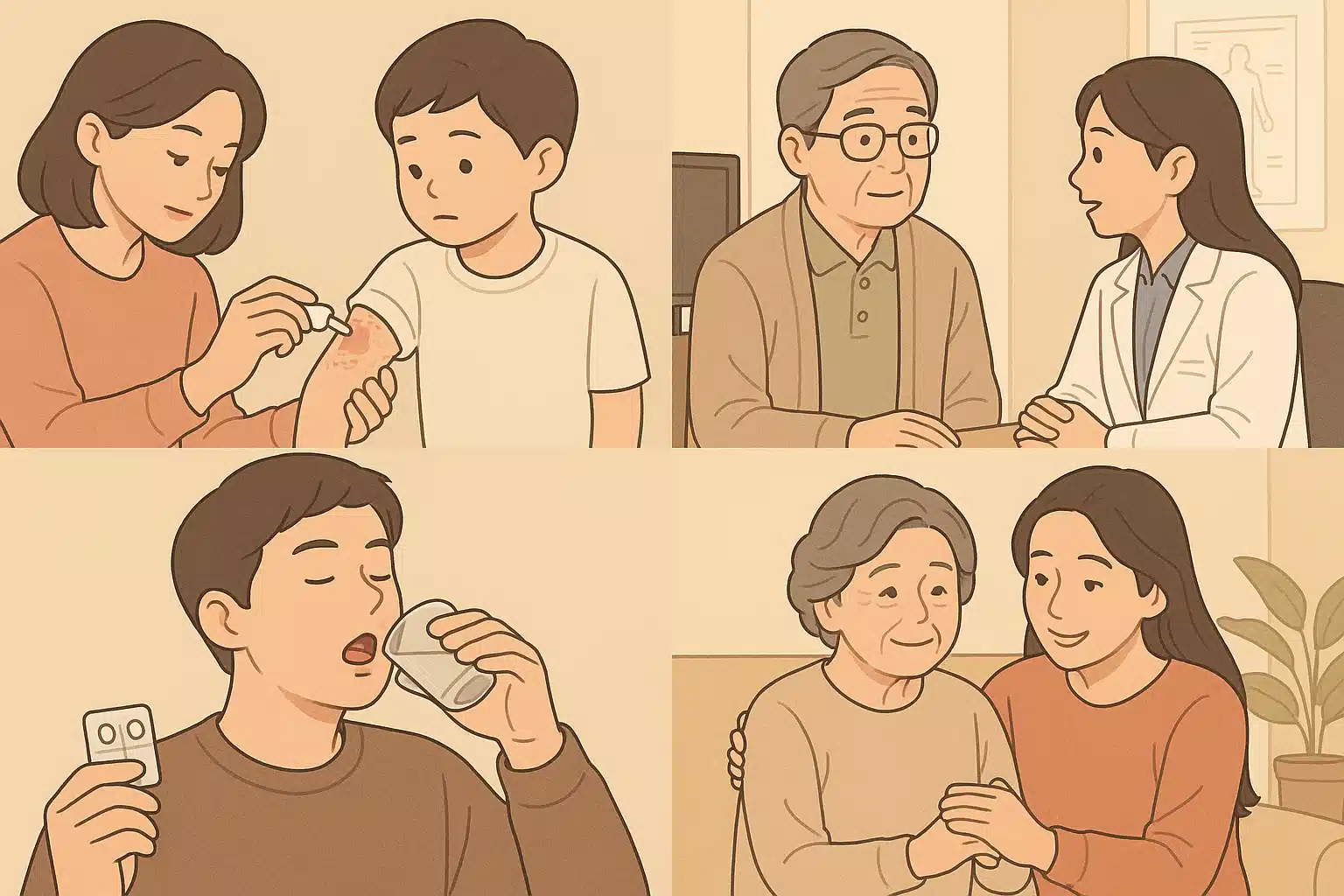 어린이에게 칼라민 로션을 발라주는 부모, 노약자가 병원에서 상담받는 모습, 알러지 체질 환자가 항히스타민제를 복용하는 장면
