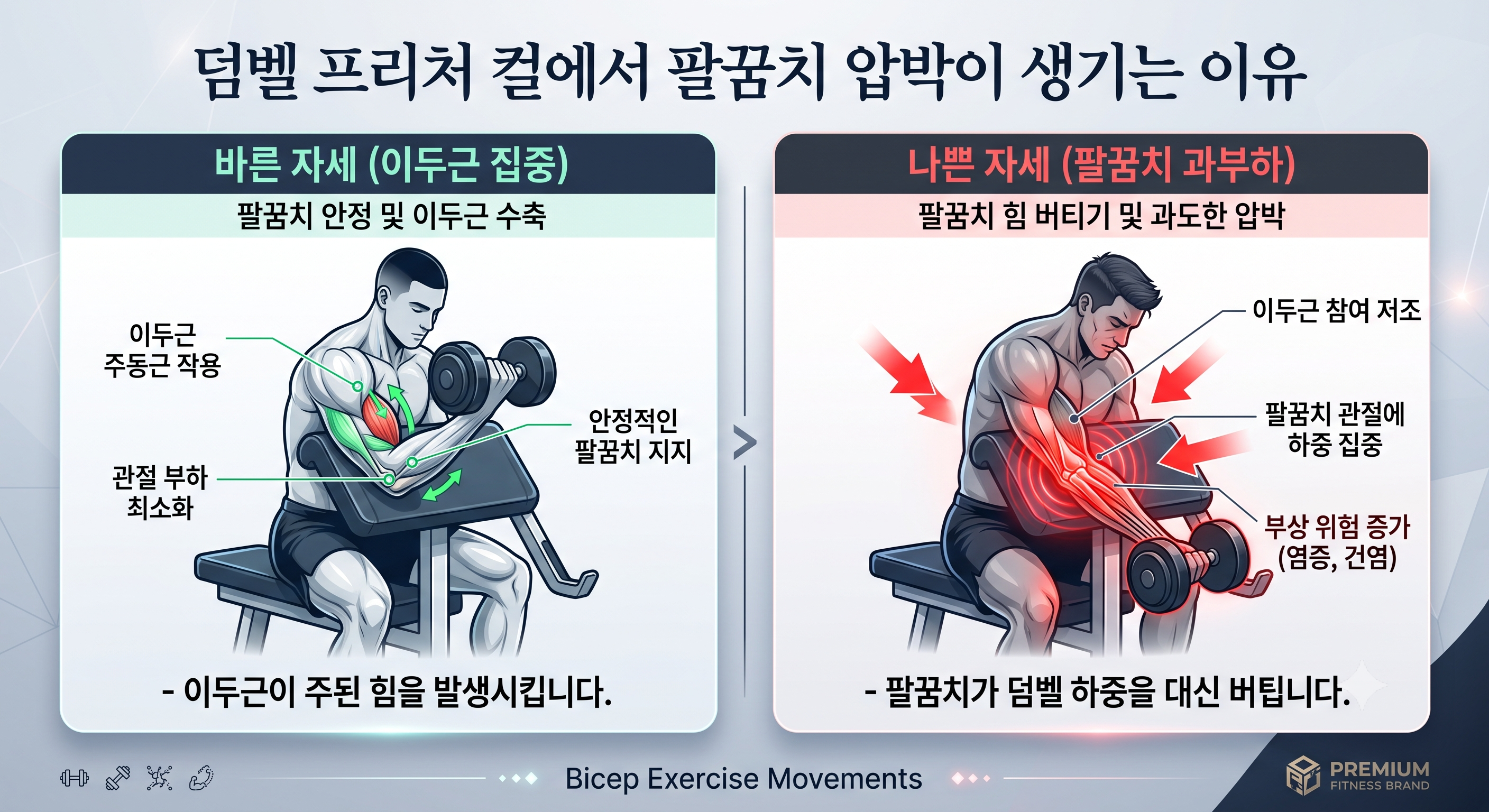 덤벨 프리처 컬에서 팔꿈치 압박이 생기는 이유