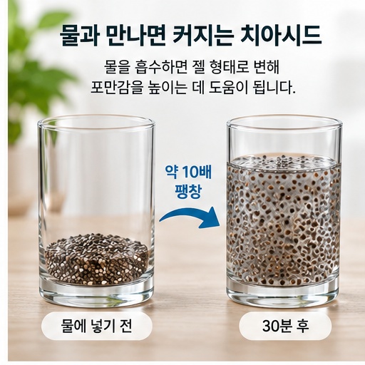 물에 넣기 전 작은 치아시드와 수분을 흡수해 젤처럼 부풀어 오른 치아시드 비교