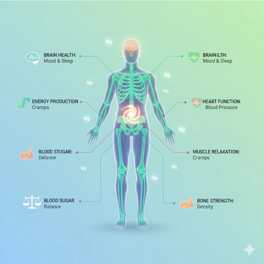 인체 전신을 나타내는 단순한 형태의 실루엣 또는 인포그래픽 스타일의 그림을 배경으로 합니다. 각 신체 부위(뇌&amp;#44; 심장&amp;#44; 근육&amp;#44; 뼈 등)에 마그네슘이 어떤 효능을 제공하는지 아이콘이나 간단한 텍스트로 연결하여 보여줍니다. 전체적으로 밝고 긍정적인 색감을 사용하여 마그네슘이 전반적인 건강 증진에 기여함을 나타냅니다.