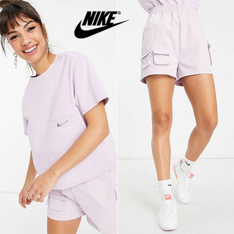 나이키 코드 로고 스우시 라일락 기본 반팔 티셔츠 우븐 반바지 숏팬츠 트레이닝 세트