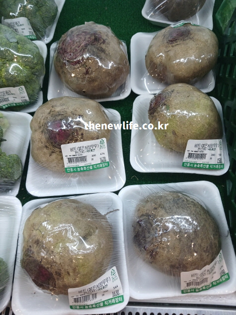 마트에서 포장 판매 중인 비트 뿌리 모습으로 비트 효능과 관련된 실제 식재료 사진