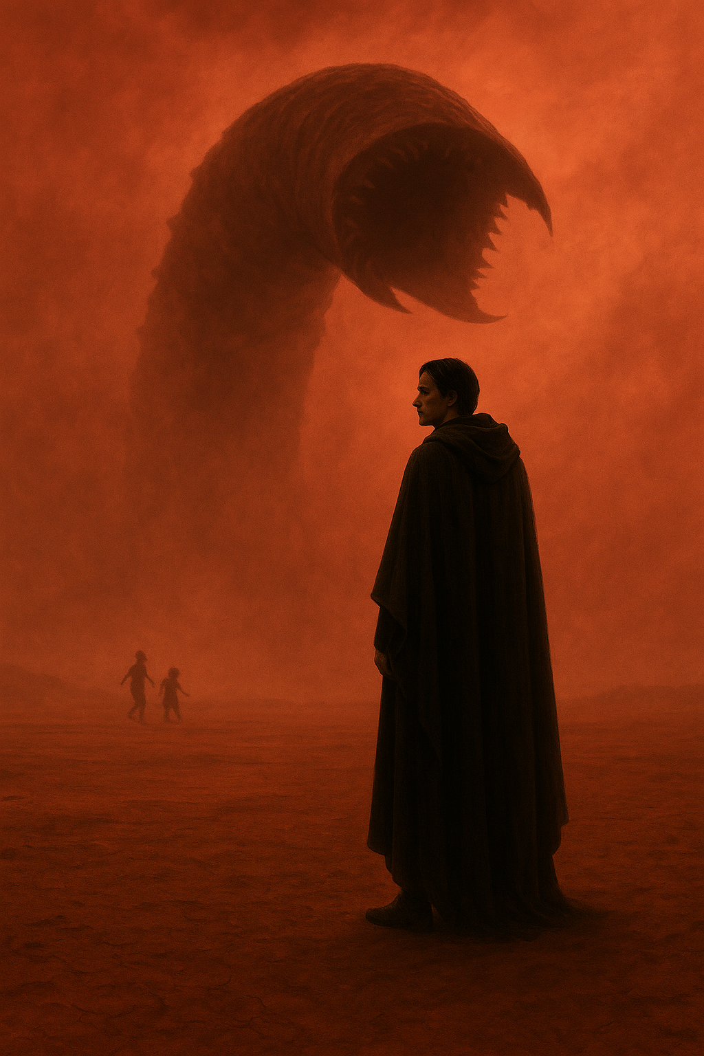 황량한 사막 한가운데 검은 로브를 입은 남성이 서 있는 장면