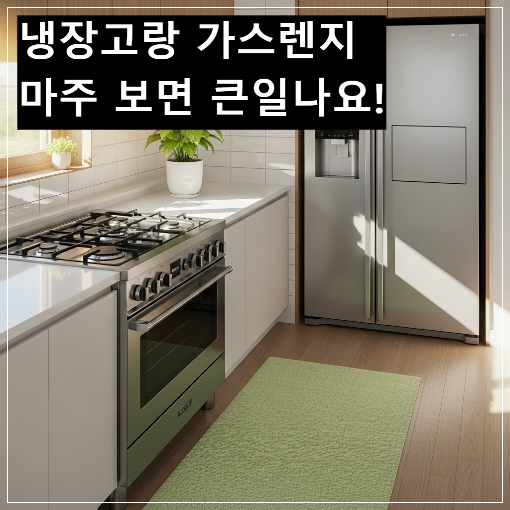 가스렌지와 냉장고 사이에 녹색 매트를 깔아 풍수적 상극을 보완한 깨끗한 한국 주방 인테리어