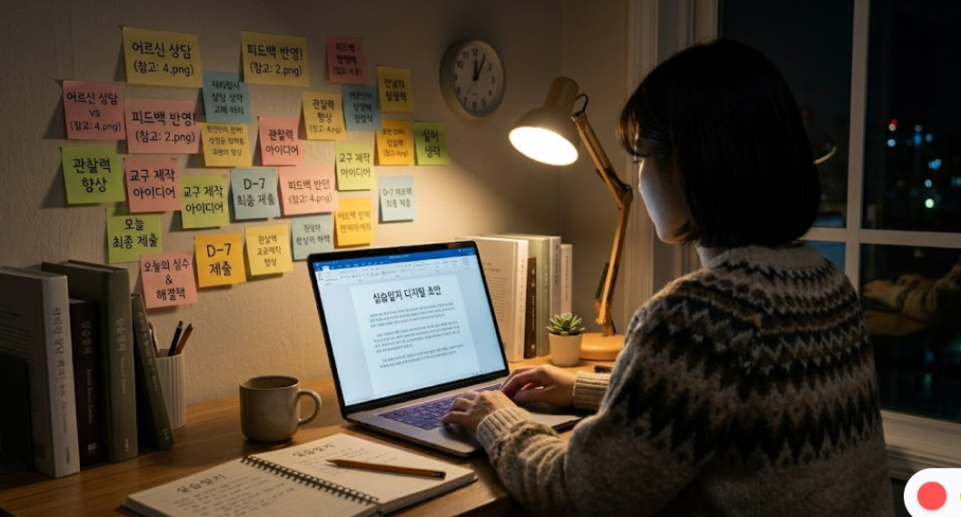 노트북 앞에서 피드백 메모를 확인하며 일지를 작성