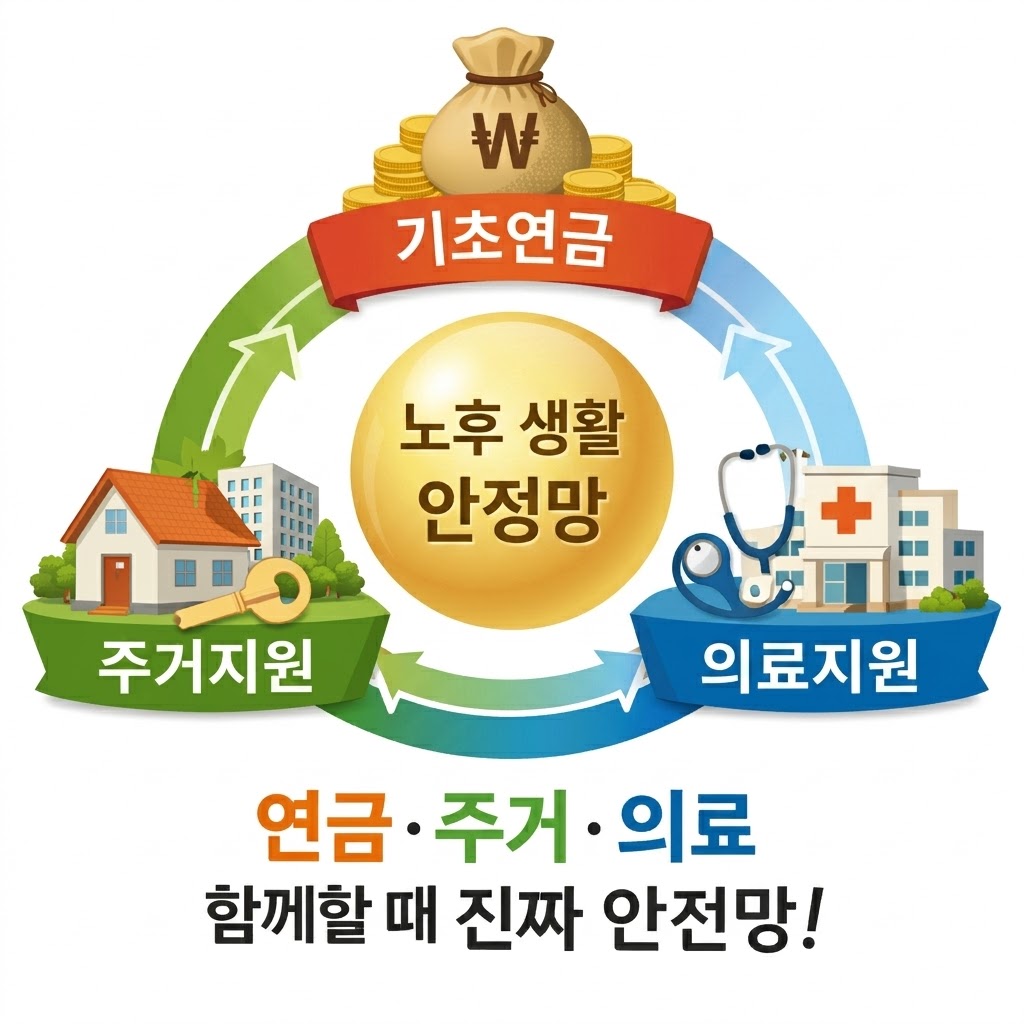 기초연금, 주거지원, 의료지원 세 가지 제도가 원형 구조로 연결된 인포그래픽. 중앙에는 ‘노후 생활 안정망’이라는 문구가 있고, 하단에는 ‘연금·주거·의료 함께할 때 진짜 안전망!’이라는 슬로건이 강조되어 있다.