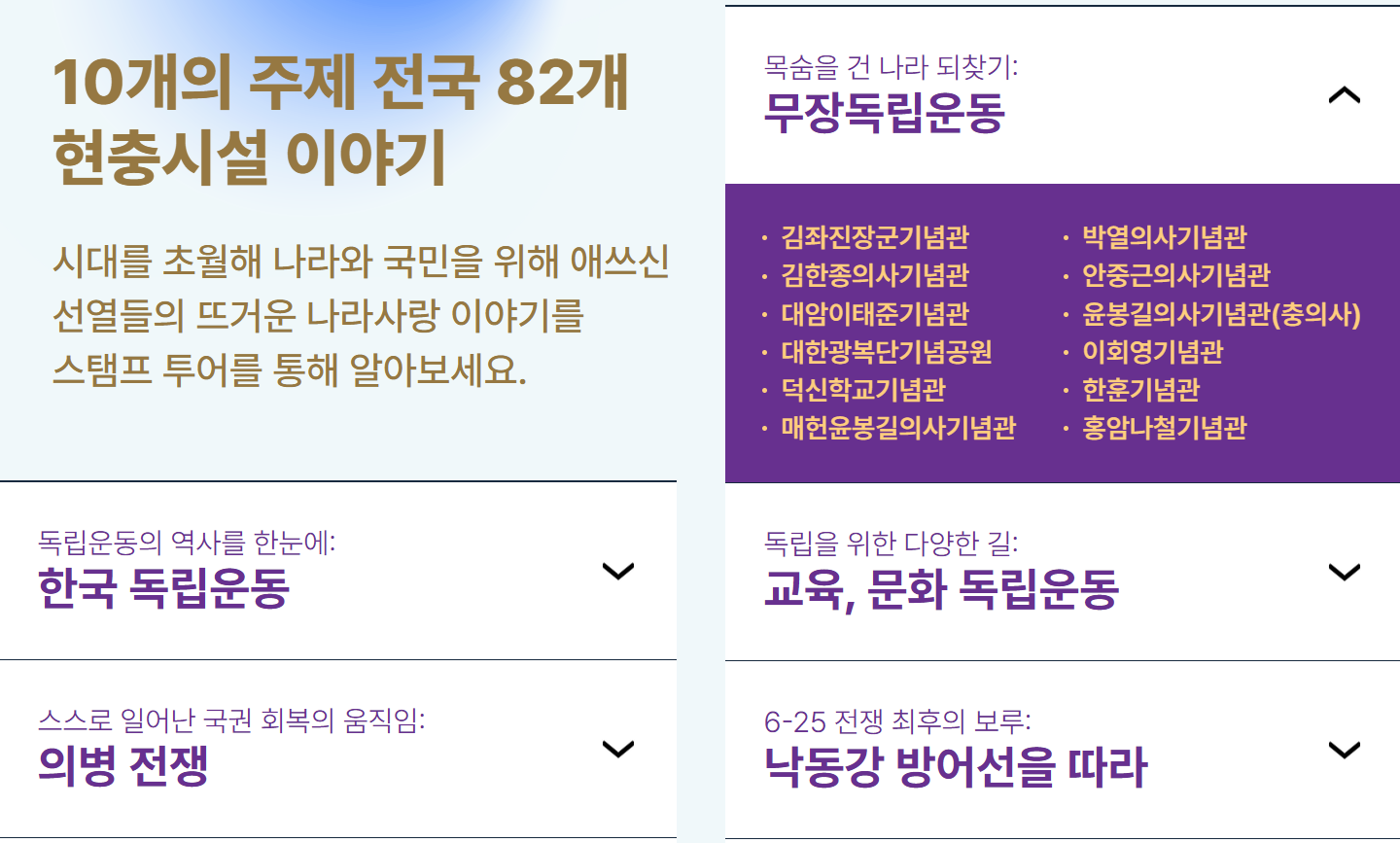 국가보훈부 독립기념관 전쟁기념관 현충시설 스탬프투어 광복80주년 공동프로젝트 의병전쟁 독립운동