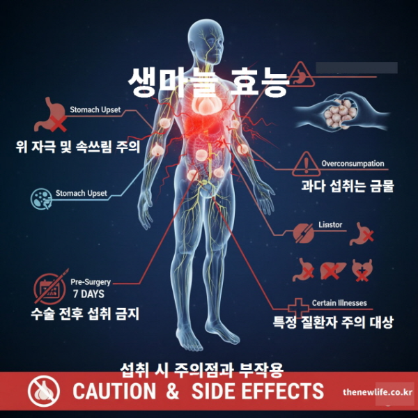생마늘 섭취 시 주의점과 부작용을 시각적으로 정리한 인포그래픽으로, 위 자극&middot;속쓰림, 과다 섭취 금물, 수술 전후 섭취 금지, 특정 질환자 주의 등의 항목을 인체 일러스트로 표현한 이미지