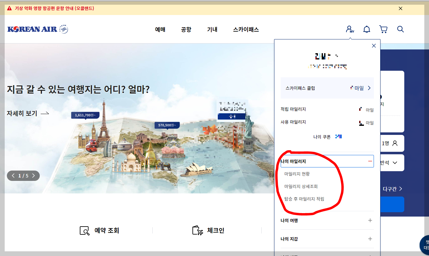 ๋ํํญ๊ณต ๋ง์ผ๋ฆฌ์ง ์กฐํ