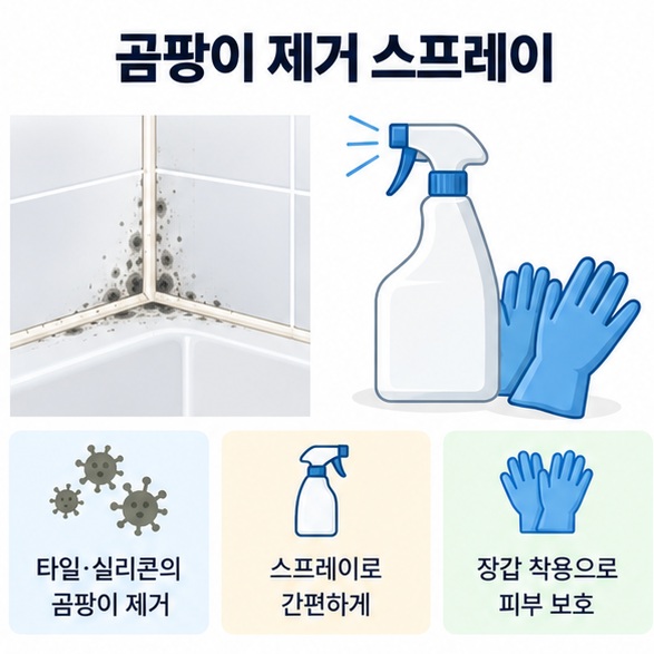 곰팡이 제거 스프레이 문구와 욕실 타일 실리콘 스프레이 용기를 함께 보여주는 대표 인포그래픽