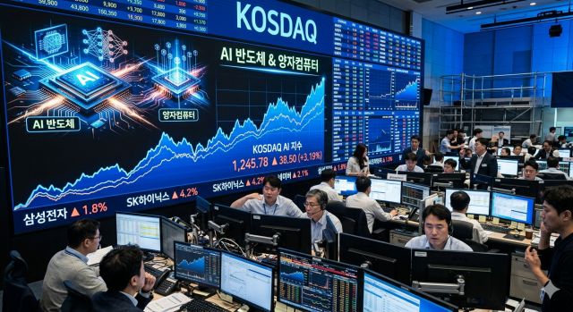 2026 퀀텀·AI주와 코스닥 랠리 흐름을 보여주는 AI 반도체 및 양자컴퓨팅 투자 이미지