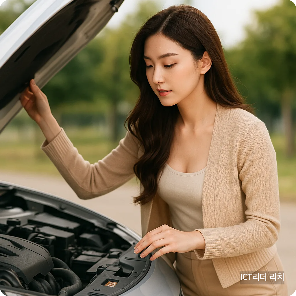 차량 보닛을 열고 엔진을 점검하는 20대 여성의 세련된 패셔니스타 느낌 이미지