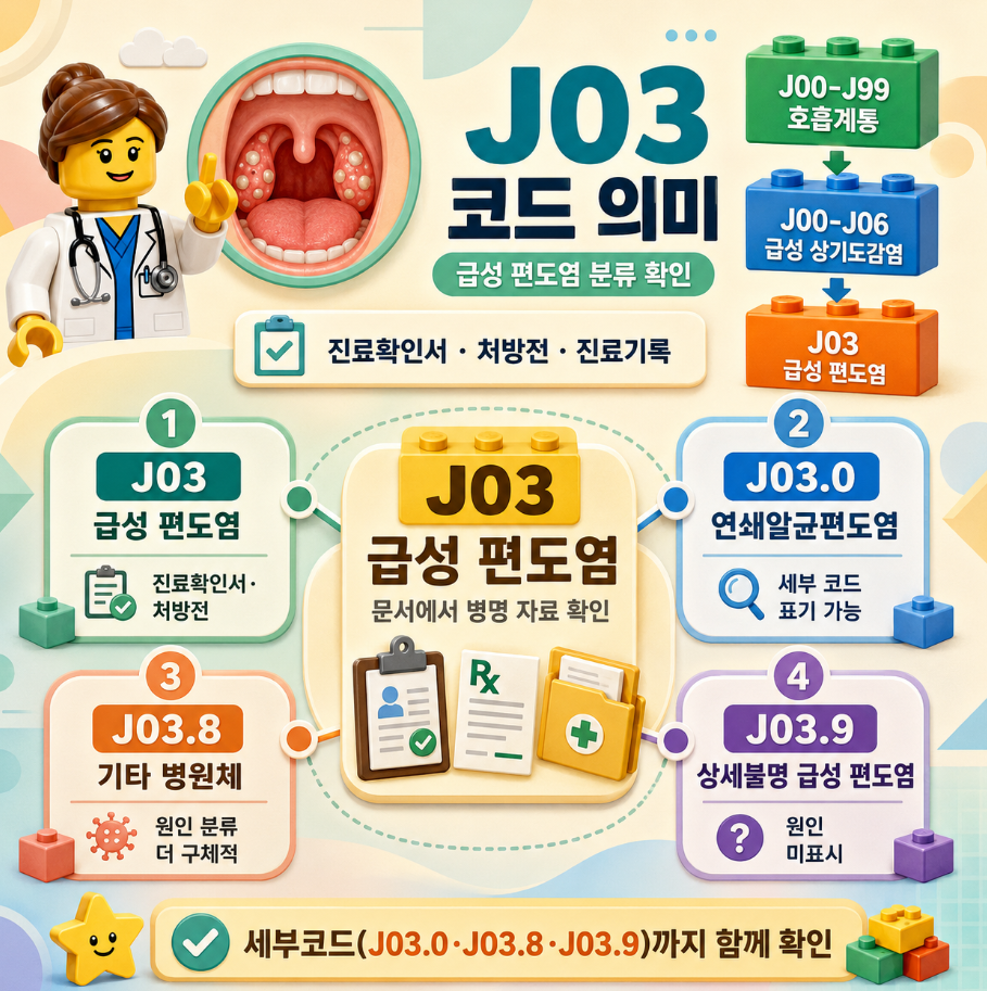J03 질병코드의 의미와 J03.0·J03.8·J03.9 세부 분류를 한눈에 정리한 메디컬 인포그래픽