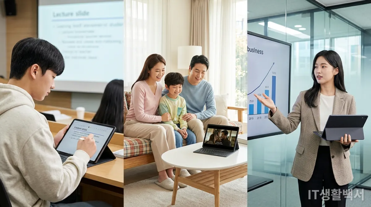 학습, 엔터테인먼트, 업무 등 다양한 용도로 태블릿을 사용하는 한국인들의 모습