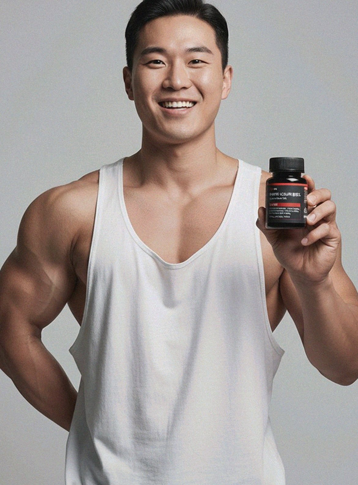 Korean Asian man taking supplement tablet with water after dinner