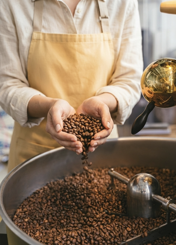 베이지색 앞치마를 두른 로스터가 로스팅하는 모습