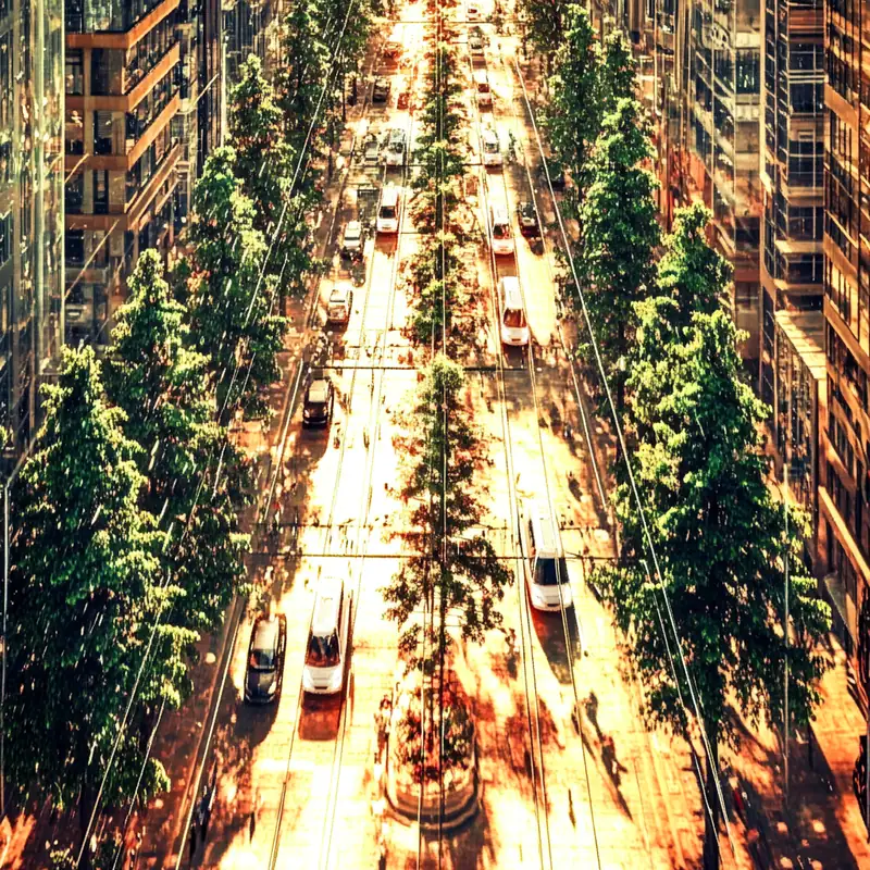 자율주행 차량이 AI 기술의 지시에 따라 도심 교통을 매끄럽게 누비며 미래 도시 이동 수단의 비전을 제시한다.