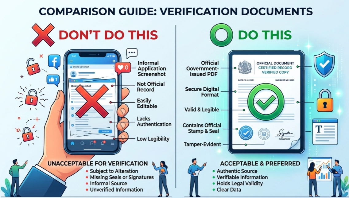스마트폰 캡처 이미지에 'X' 표시가 되어 있고, 정식 PDF 문서에 'O' 표시가 된 비교 가이드