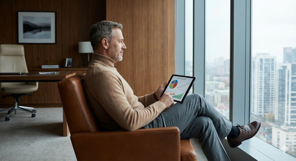 세련된 사무실에서 따뜻한 커피를 마시며 여유롭게 자산 현황을 체크하는 투자자