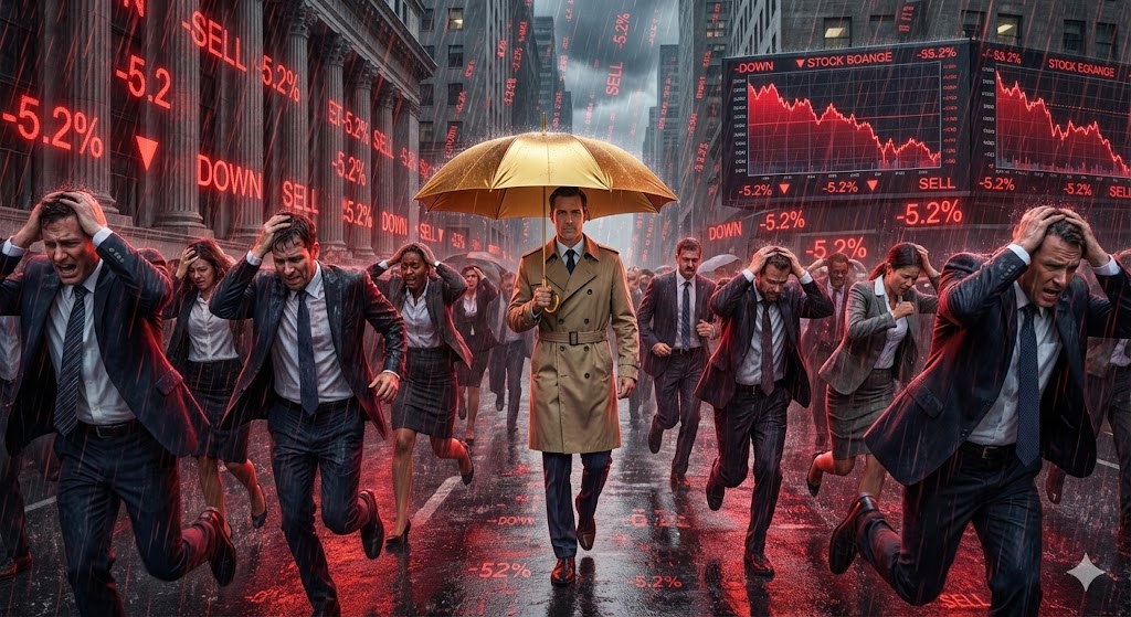 폭락장(비바람) 속에서도 황금 우산을 쓰고 평온하게 걸어가는 투자자의 모습