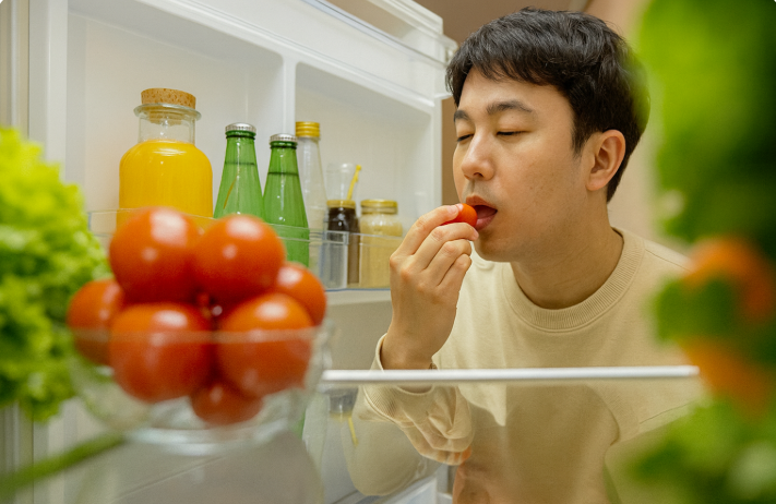 냉장고 속 채소를 정리하는 사람의 손과 식자재