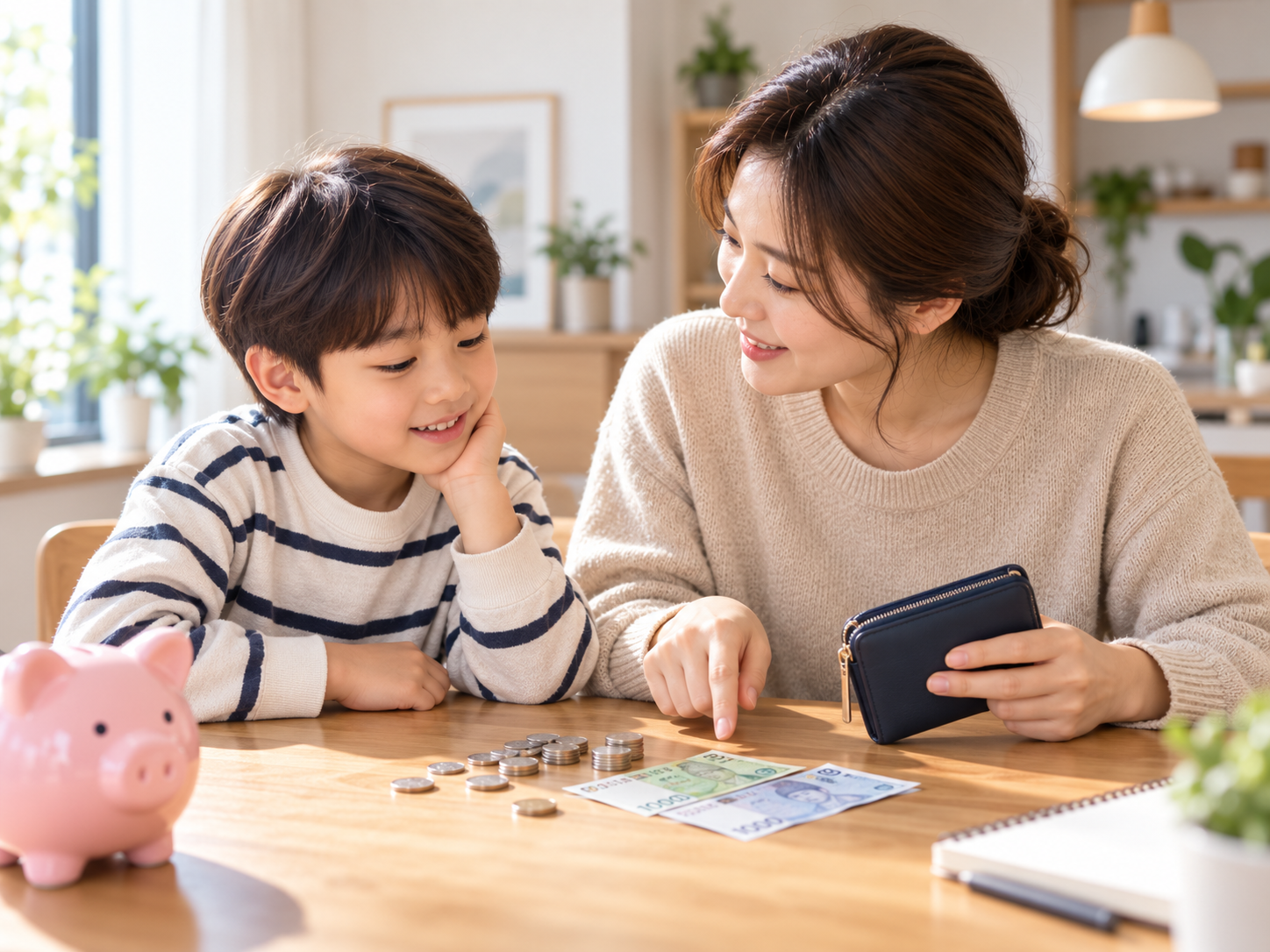 용돈을 받을지 고민하는 초등학생과 옆에서 이야기하는 부모.
문구는 '초등학생 용돈, 언제부터?