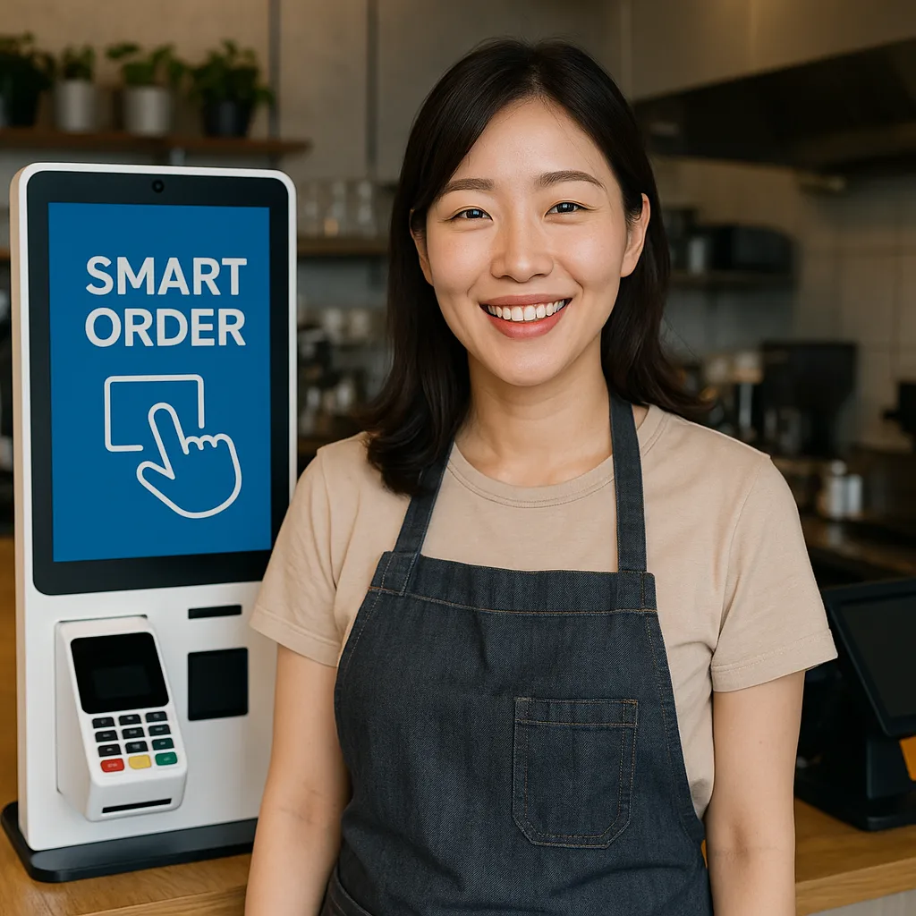 스마트오더&middot;키오스크로 점포를 운영하는 여성 점주