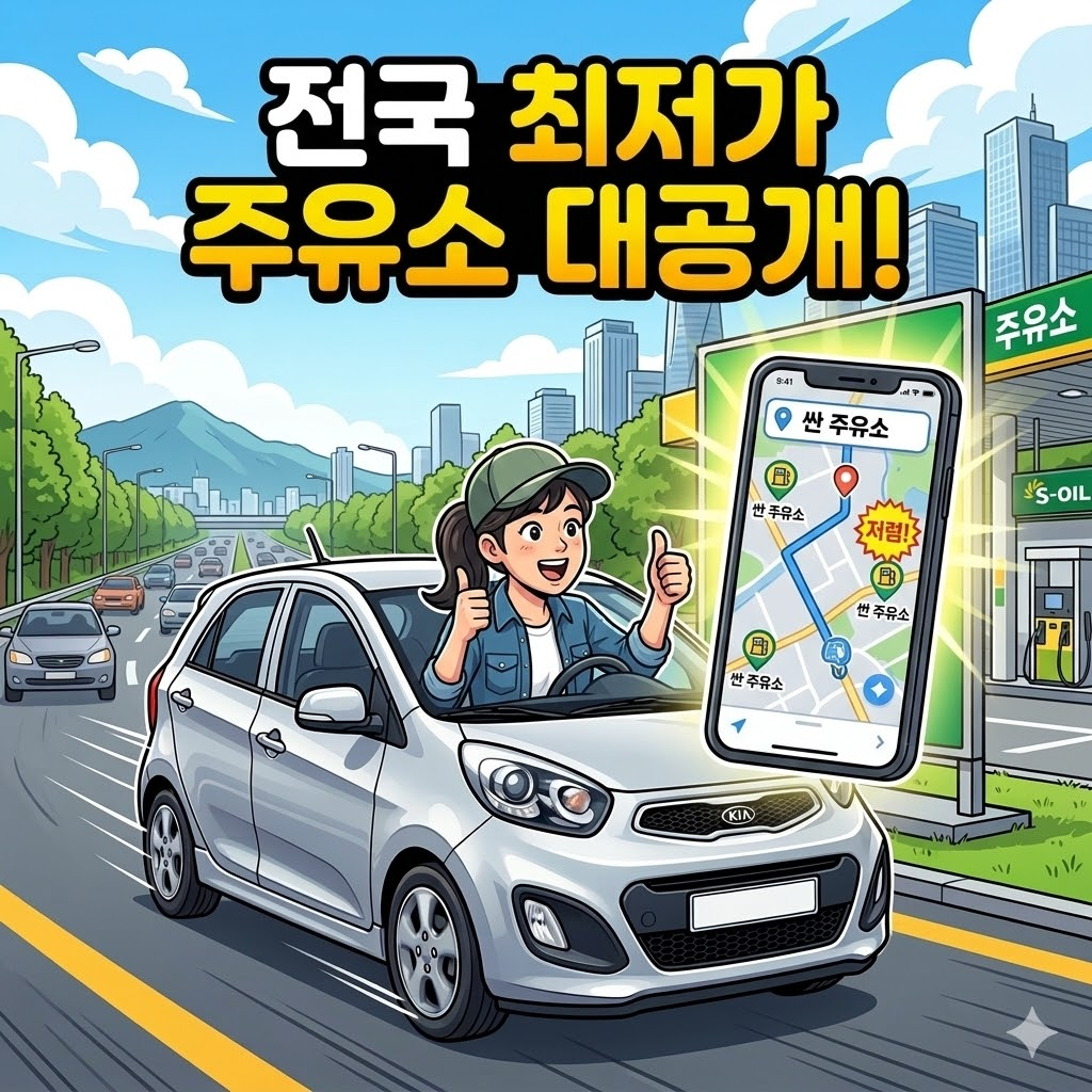 싼 주유소 찾기 서비스를 이용해 저렴한 휘발유와 경유 가격을 확인하고 기뻐하는 운전자 이미지