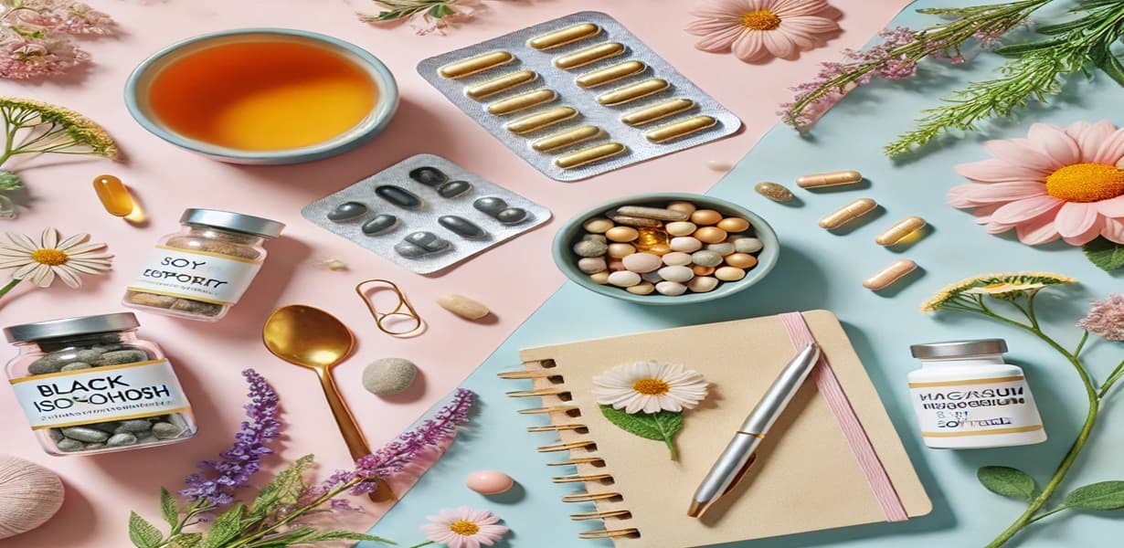 여성 호르몬 건강과 갱년기 영양제를 상징하는 자연 성분과 차, 꽃이 조화를 이루는 이미지