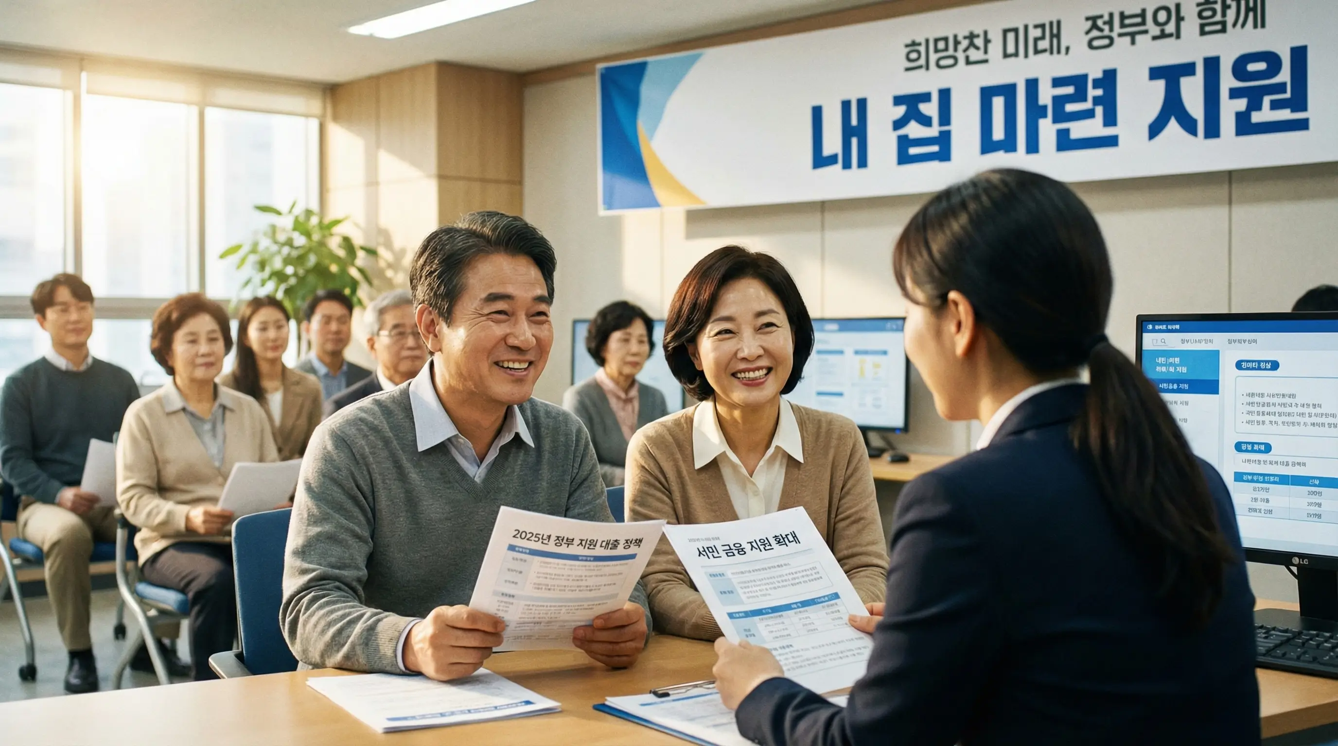 2025년 정부 지원 대출 정책 자료와 희망찬 표정으로 상담을 받는 서민의 모습