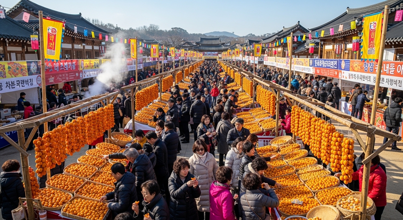 2026년 상주 곶감 축제 현장에서 사람들이 활기차게 곶감을 시식하고 구매하는 모습, 풍성한 축제 분위기.