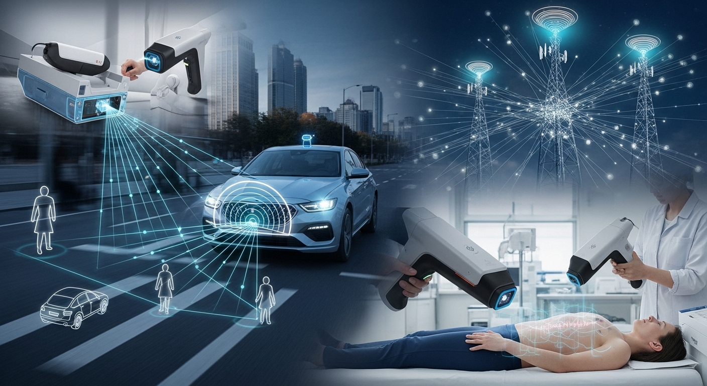 자율주행, 의료 진단, 보안 통신 등 다양한 분야에서 활용되는 초정밀 양자 센서의 적용 사례들을 시각적으로 묘사한 이미지.