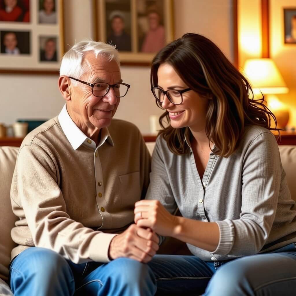 요양보호사와 노인: 따뜻한 미소를 지으며 노인을 도와주는 요양보호사의 모습. 배경은 아늑한 거실로, 편안한 분위기를 연출.