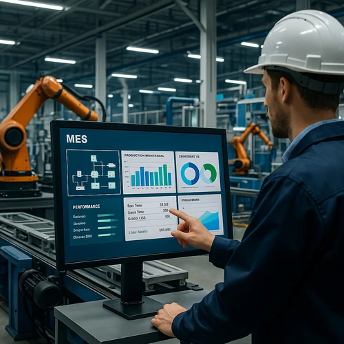 MES 시스템을 모니터링하는 공장 작업자와 실시간 생산 데이터를 보여주는 디지털 대시보드