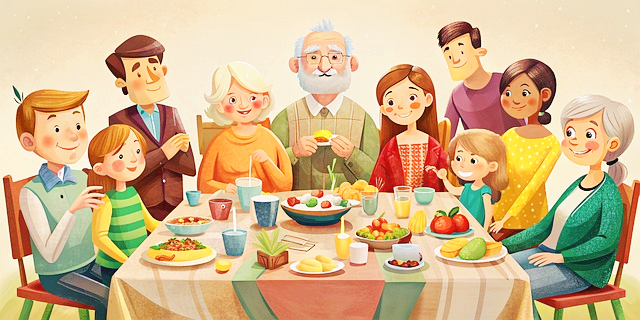 대가족이 식탁에 앉아 음식을 먹는다. 할아버지, 할머니, 남편과 아내, 삼촌, 이모, 아이들이 있다.