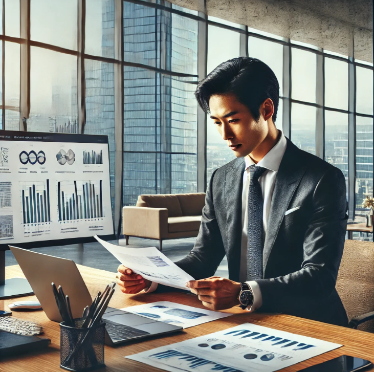 사무실에서 금융 보고서에 집중하는 비지니스맨