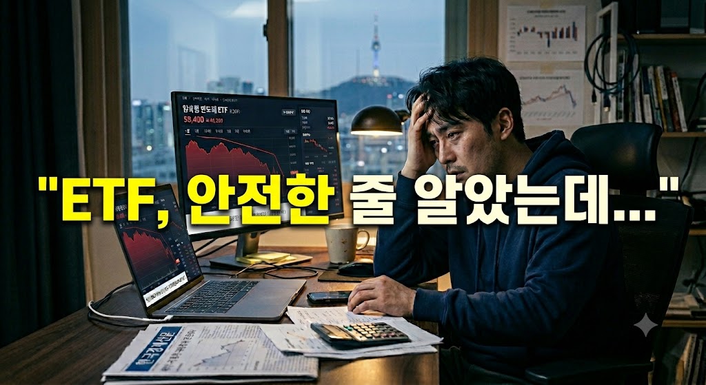 주식 시장 폭락으로 모니터 앞 복잡한 차트를 보며 머리를 감싸 쥐고 절망하고 있는 30대 남성 투자자의 모습과 그 위에 "ETF 안전한 줄 알았는데..."라는 강렬한 경고성 문구가 강조된 주식 투자 신용거래 반대매매 리스크 분석 칼럼용 썸네일 이미지.
