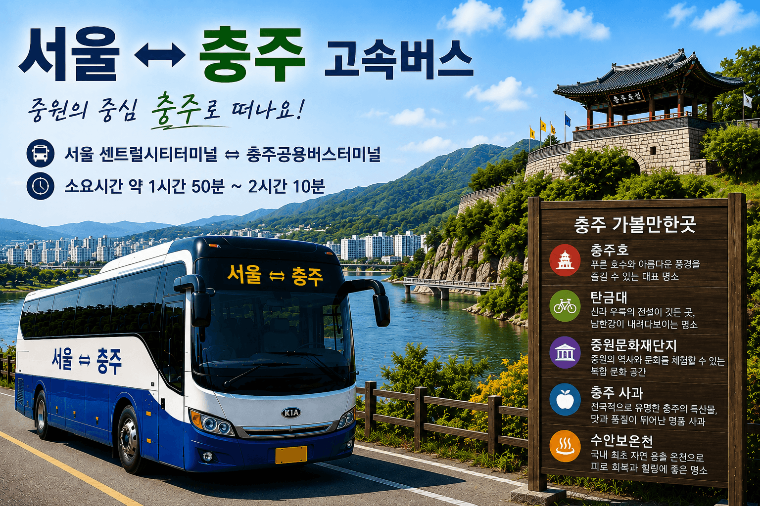 서울과 충주를 오가는 버스와 충주호