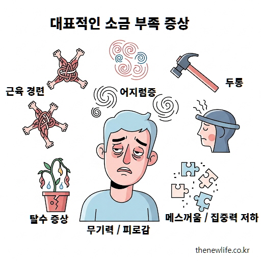 소금 부족 증상 인포그래픽 – 무기력, 근육 경련, 두통, 어지럼증, 탈수 등 대표 증상 일러스트
